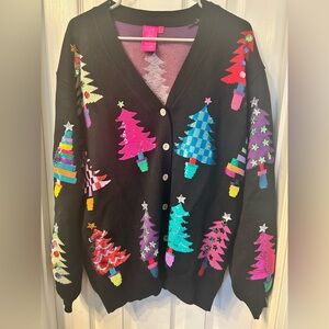 Queen of sparkles Festive Black Cardigan with Colorful Christmas Trees